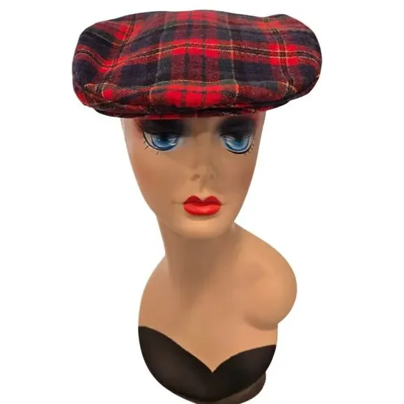 Vintage Pendleton Red Tartan Plaid Newsboy Hat L Prepcore Ivy League Wool Cap - Picture 2 of 9